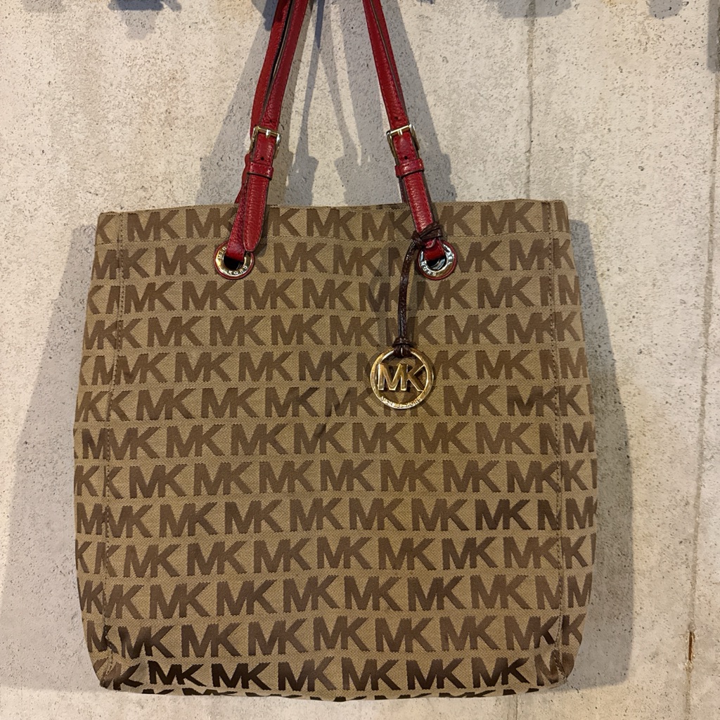 Michael Kors Brown Logo Tote With Red Straps